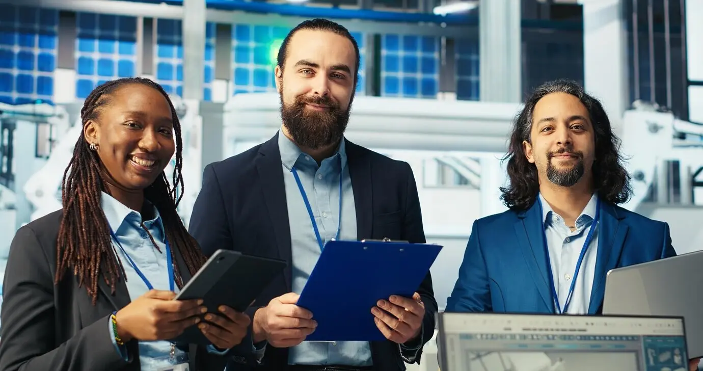 A team of cheerful business partners examining solar plant machinery