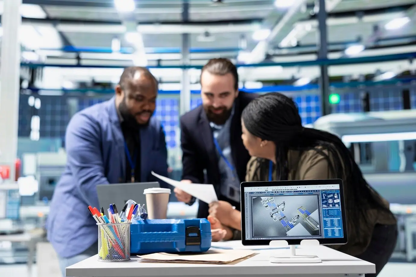 A diverse group of factory supervisors participating in a briefing on production metrics