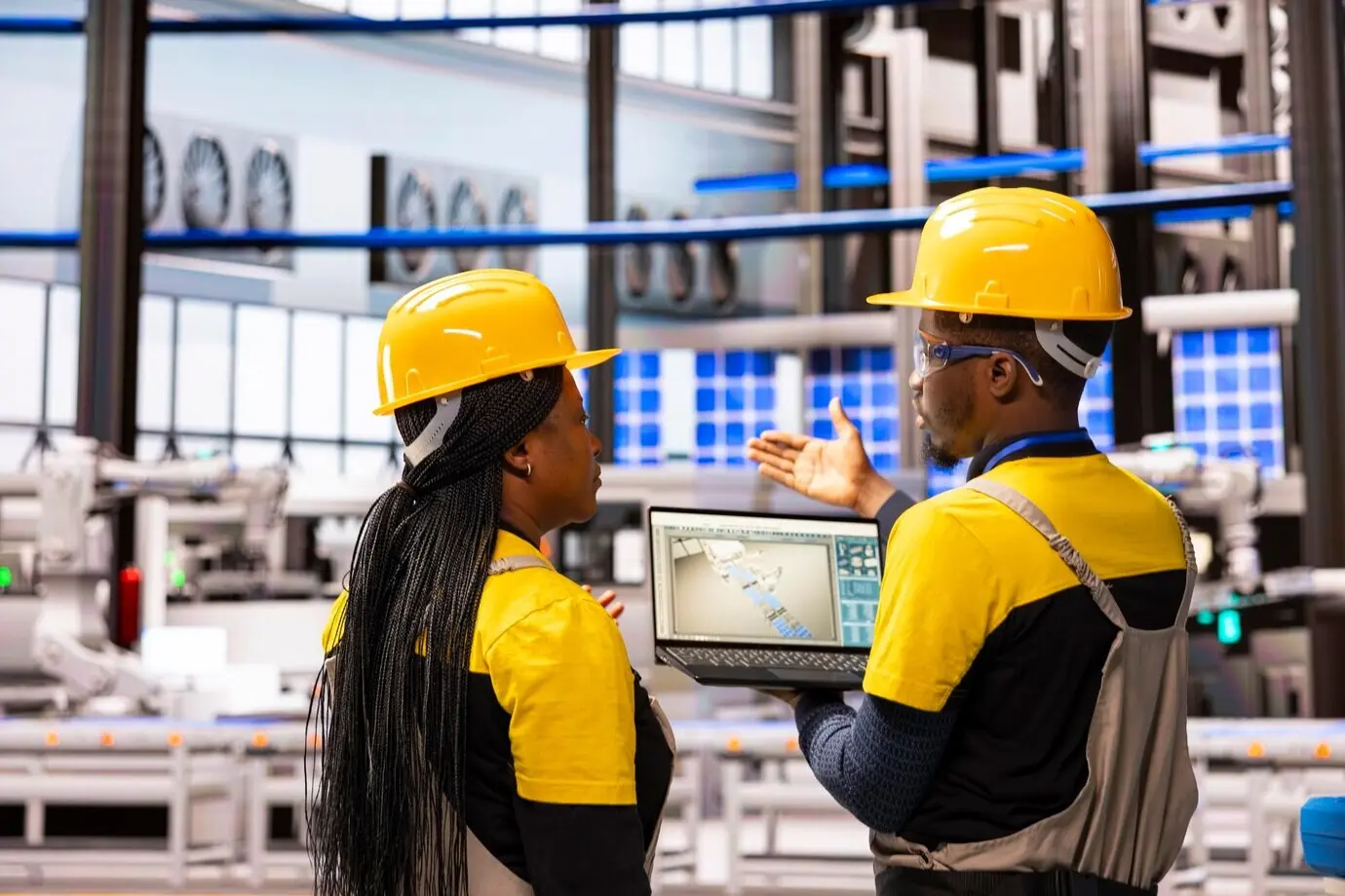Black engineers overseeing an industrial automation system.