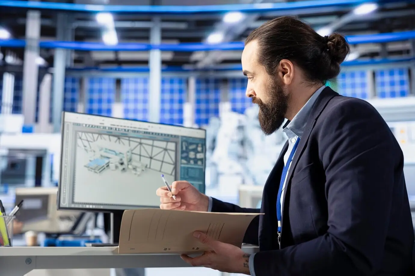 A supervisor inspects machinery at a solar plant while reviewing documentation files.
