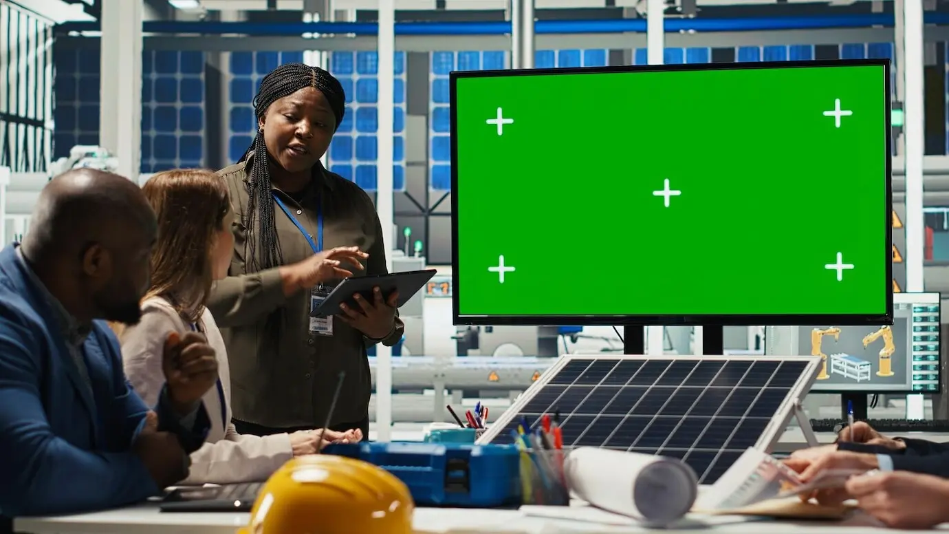 Researchers evaluate solar cell prototypes using a chroma key display.
